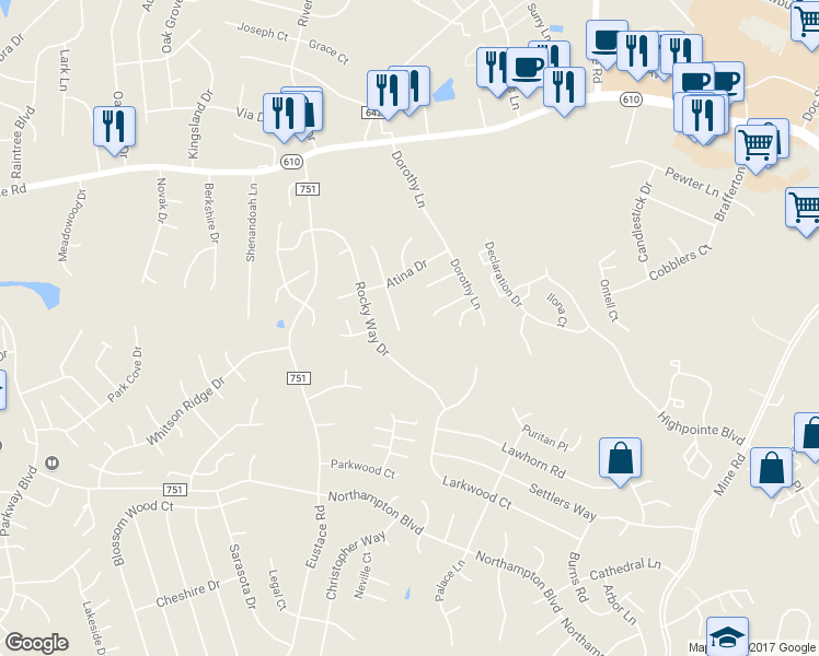 map of restaurants, bars, coffee shops, grocery stores, and more near 11 Jason Court in Stafford