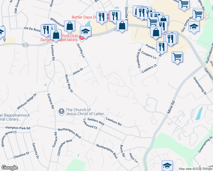 map of restaurants, bars, coffee shops, grocery stores, and more near 116 Merrill Court in Stafford