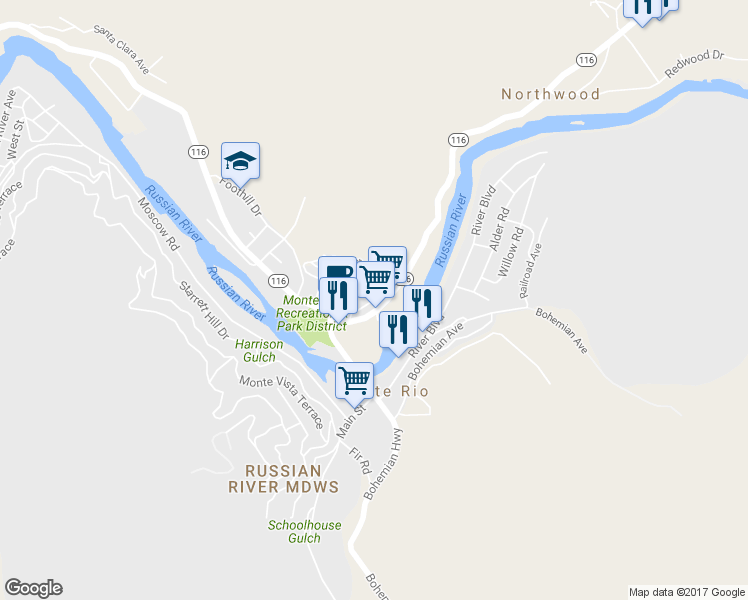 map of restaurants, bars, coffee shops, grocery stores, and more near E Street in Monte Rio