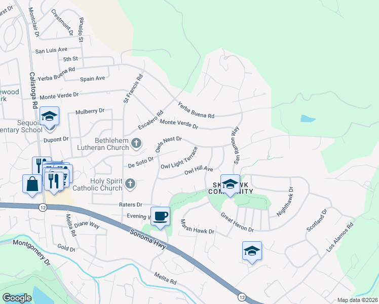 map of restaurants, bars, coffee shops, grocery stores, and more near 5786 Owls Nest Drive in Santa Rosa