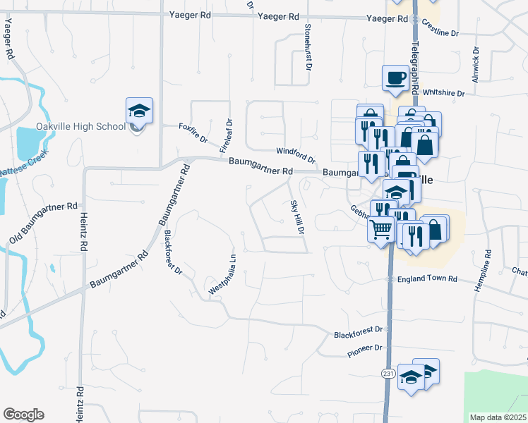 map of restaurants, bars, coffee shops, grocery stores, and more near 2740 Chalet Forest Drive in St. Louis