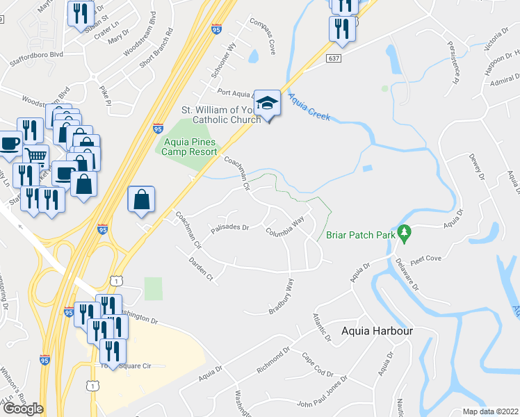 map of restaurants, bars, coffee shops, grocery stores, and more near 135 Coachman Circle in Stafford
