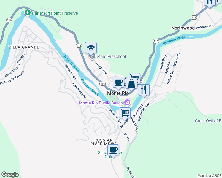 map of restaurants, bars, coffee shops, grocery stores, and more near 20495 California 116 in Monte Rio