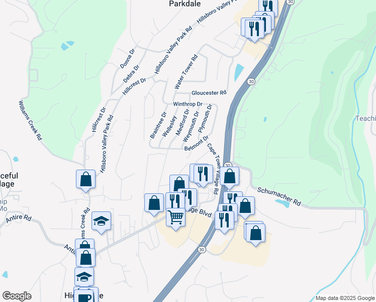 map of restaurants, bars, coffee shops, grocery stores, and more near 5328 Belmont Drive in High Ridge