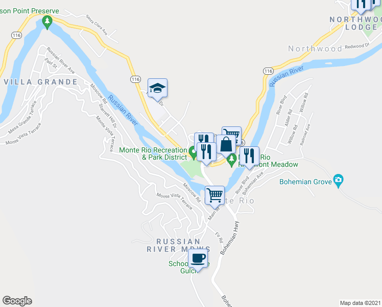 map of restaurants, bars, coffee shops, grocery stores, and more near 20495 California 116 in Monte Rio