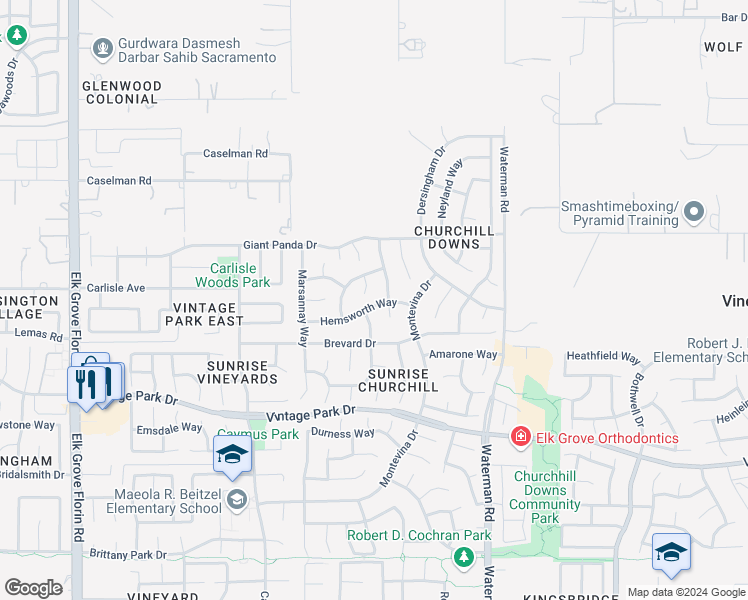 map of restaurants, bars, coffee shops, grocery stores, and more near 9169 Hemsworth Way in Sacramento