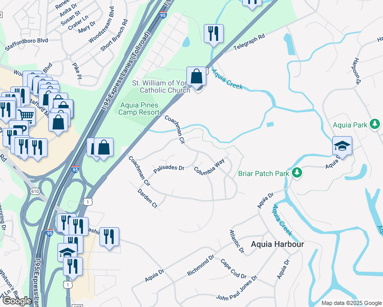 map of restaurants, bars, coffee shops, grocery stores, and more near 135 Coachman Circle in Stafford