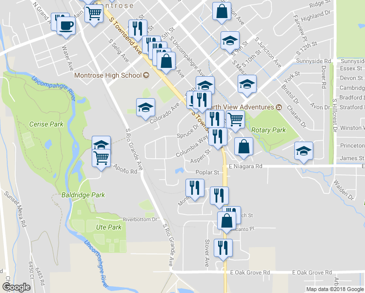 map of restaurants, bars, coffee shops, grocery stores, and more near 110 Brown Road in Montrose