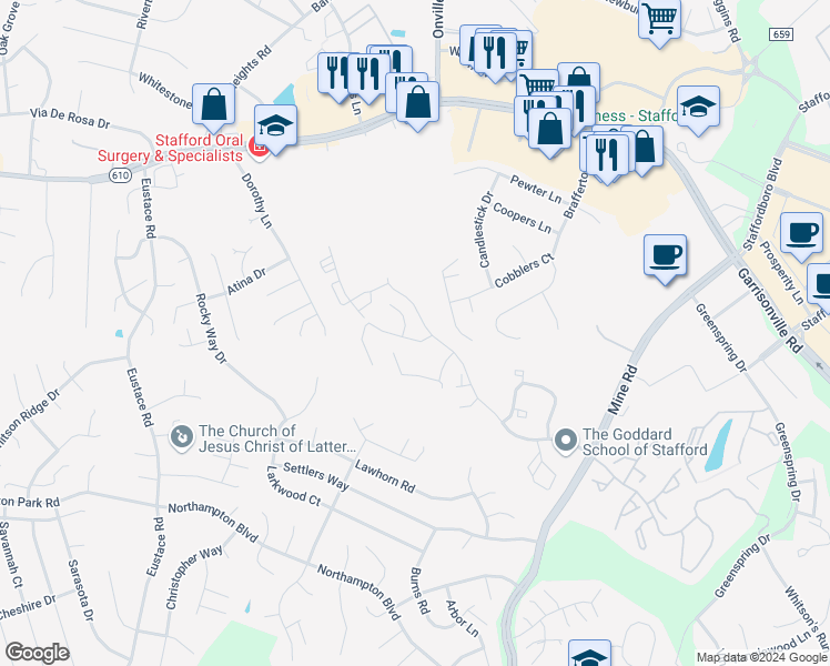 map of restaurants, bars, coffee shops, grocery stores, and more near 206 Independence Drive in Stafford