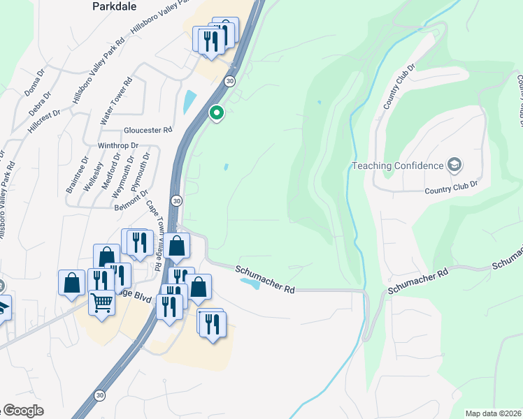 map of restaurants, bars, coffee shops, grocery stores, and more near 2626 Rosemary Lane in High Ridge