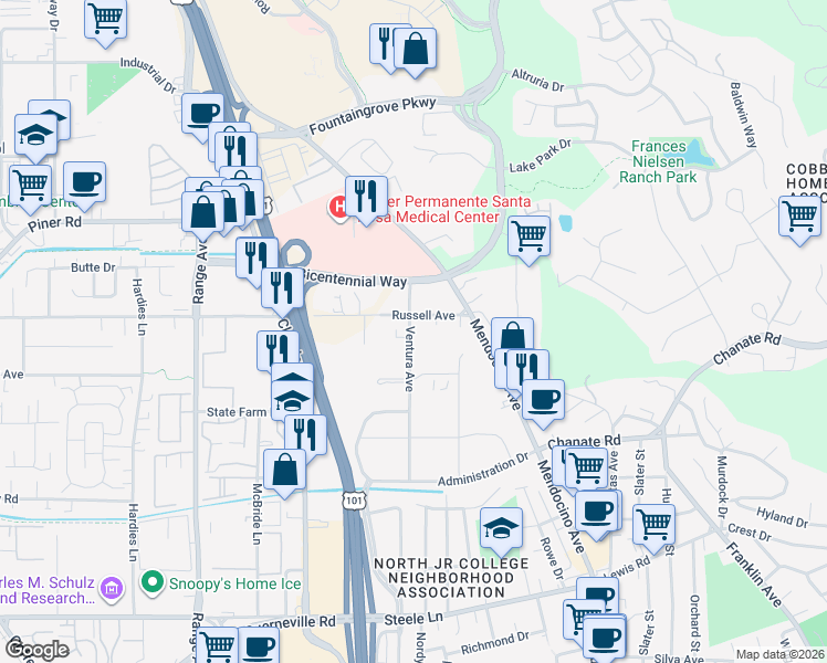 map of restaurants, bars, coffee shops, grocery stores, and more near 2834 Ventura Avenue in Santa Rosa