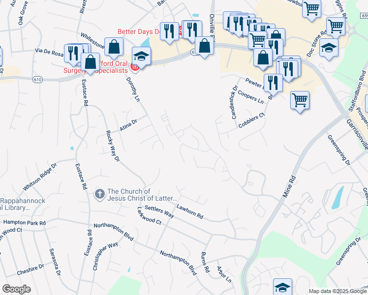 map of restaurants, bars, coffee shops, grocery stores, and more near 101 Merrill Court in Stafford