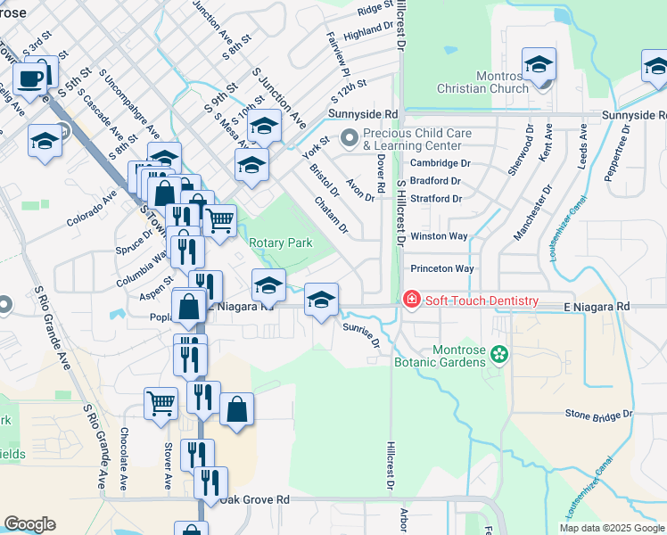 map of restaurants, bars, coffee shops, grocery stores, and more near 605 Roma Ct in Montrose