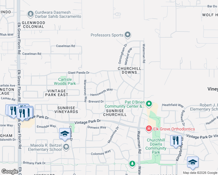 map of restaurants, bars, coffee shops, grocery stores, and more near 7947 Eskdale Court in Sacramento