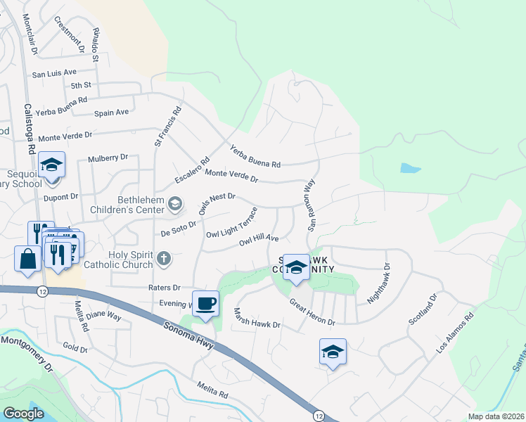 map of restaurants, bars, coffee shops, grocery stores, and more near 5799 Owls Nest Drive in Santa Rosa
