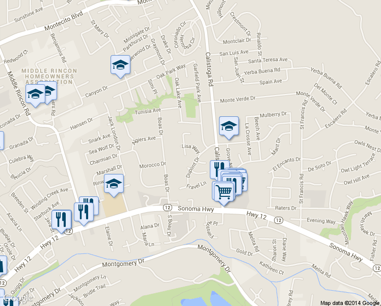 map of restaurants, bars, coffee shops, grocery stores, and more near 5100 Lisa Way in Santa Rosa