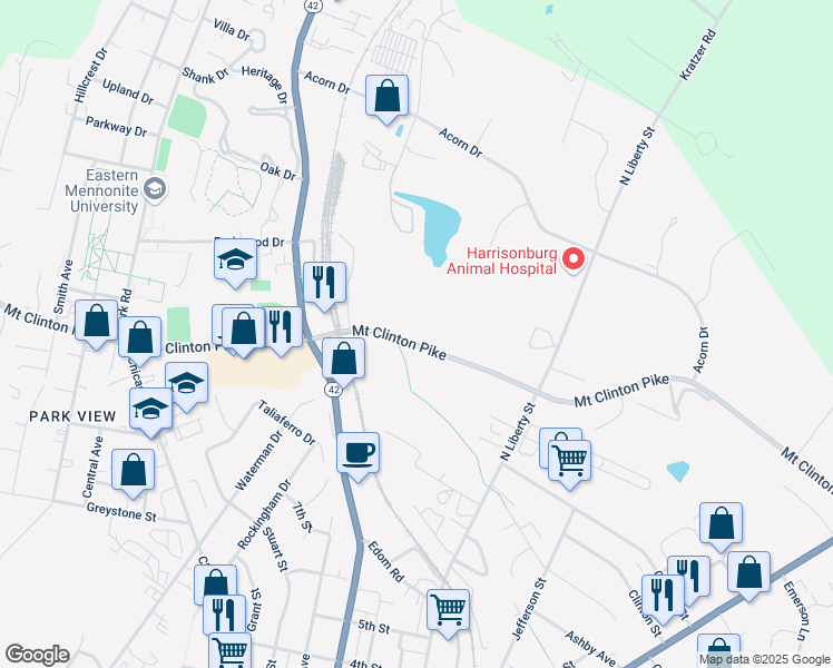 map of restaurants, bars, coffee shops, grocery stores, and more near 450 Mount Clinton Pike in Harrisonburg