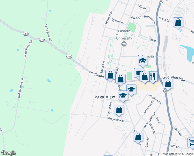 map of restaurants, bars, coffee shops, grocery stores, and more near 1341 Mount Clinton Pike in Harrisonburg
