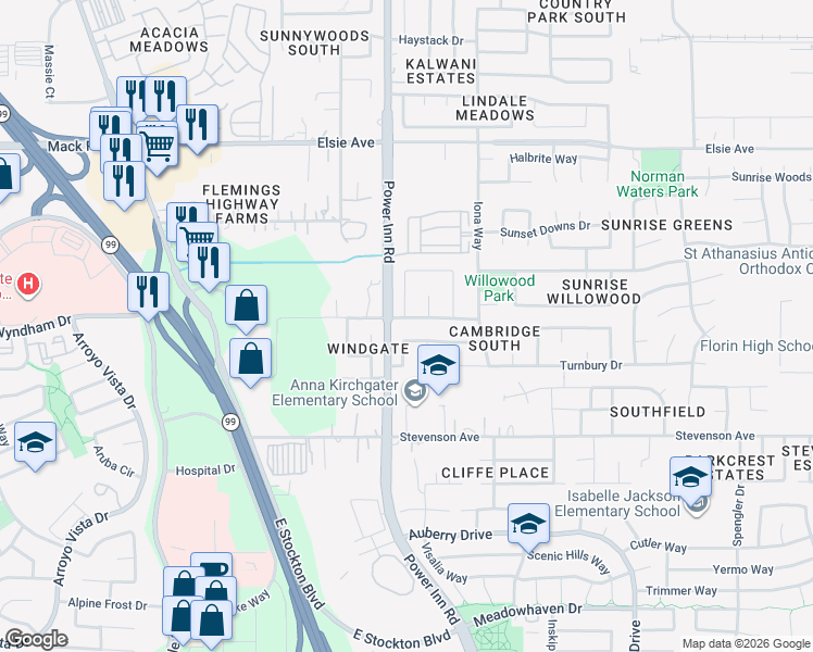 map of restaurants, bars, coffee shops, grocery stores, and more near 7801 Roesboro Circle in Sacramento