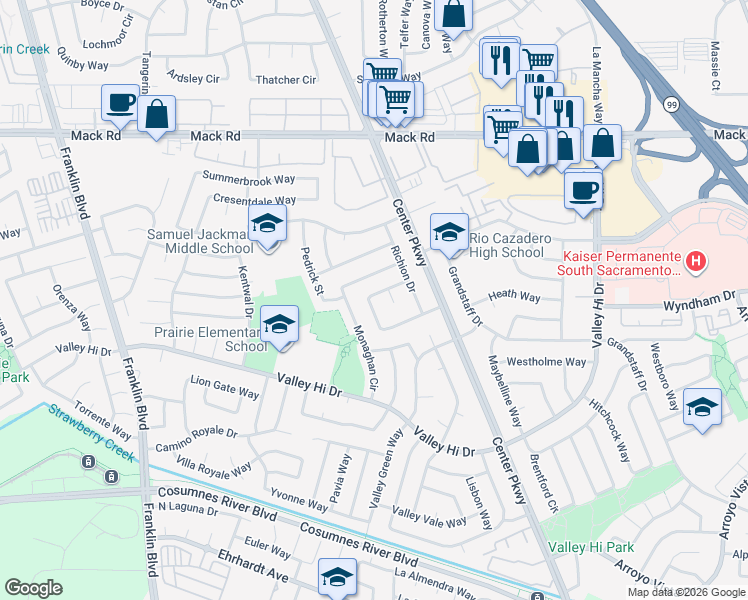 map of restaurants, bars, coffee shops, grocery stores, and more near 46 Paramount Circle in Sacramento
