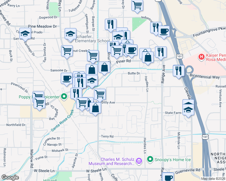 map of restaurants, bars, coffee shops, grocery stores, and more near 1532 Russell Avenue in Santa Rosa