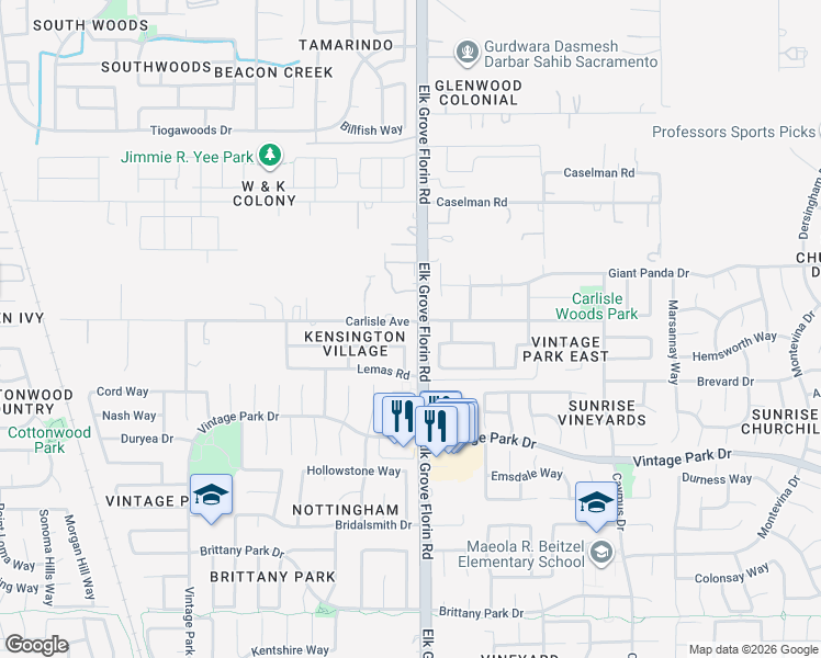 map of restaurants, bars, coffee shops, grocery stores, and more near 8898 Carlisle Avenue in Sacramento