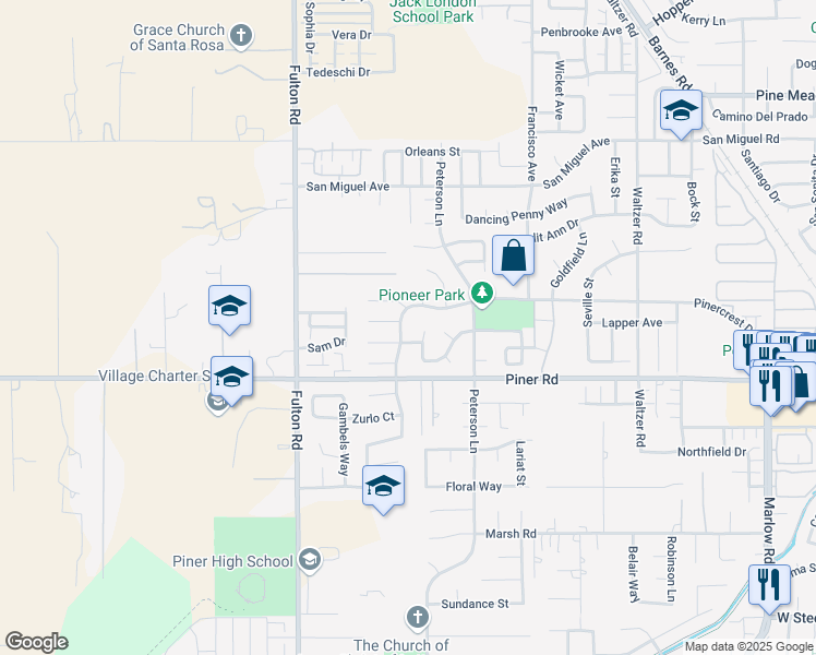 map of restaurants, bars, coffee shops, grocery stores, and more near 2354 Pinercrest Drive in Santa Rosa