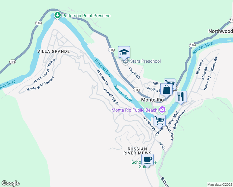 map of restaurants, bars, coffee shops, grocery stores, and more near 21632 Moscow Road in Monte Rio