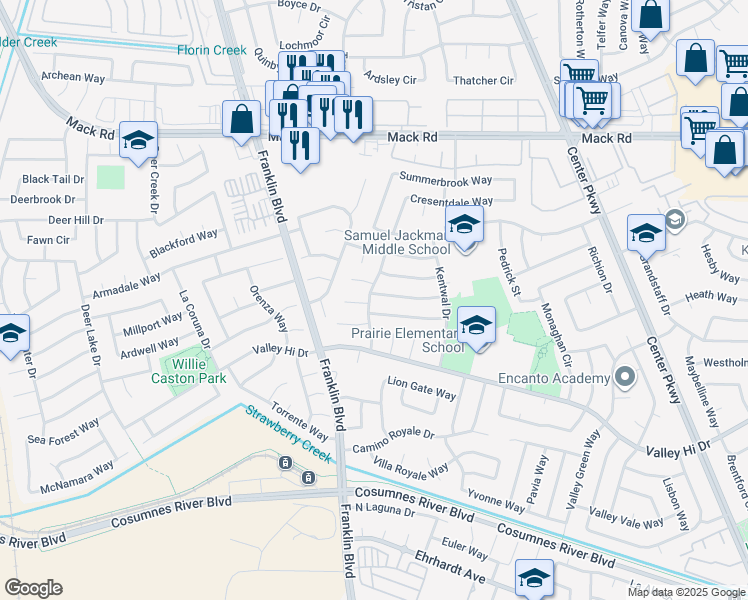 map of restaurants, bars, coffee shops, grocery stores, and more near 4817 Hinchman Way in Sacramento