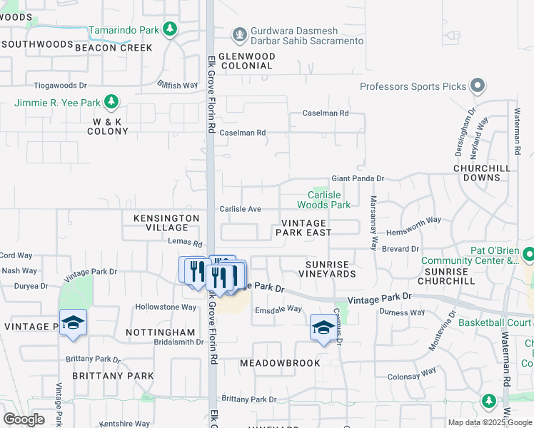 map of restaurants, bars, coffee shops, grocery stores, and more near 8966 Carlisle Avenue in Sacramento