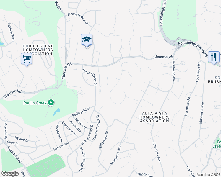 map of restaurants, bars, coffee shops, grocery stores, and more near 3159 Montecito Meadow Drive in Santa Rosa