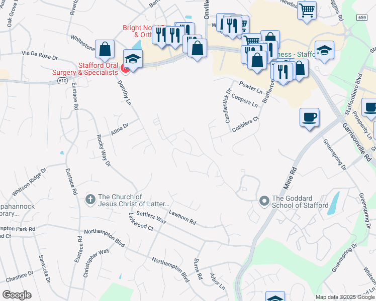 map of restaurants, bars, coffee shops, grocery stores, and more near 302 Independence Drive in Stafford