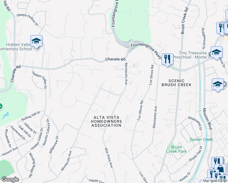 map of restaurants, bars, coffee shops, grocery stores, and more near 4769 Montecito Avenue in Santa Rosa