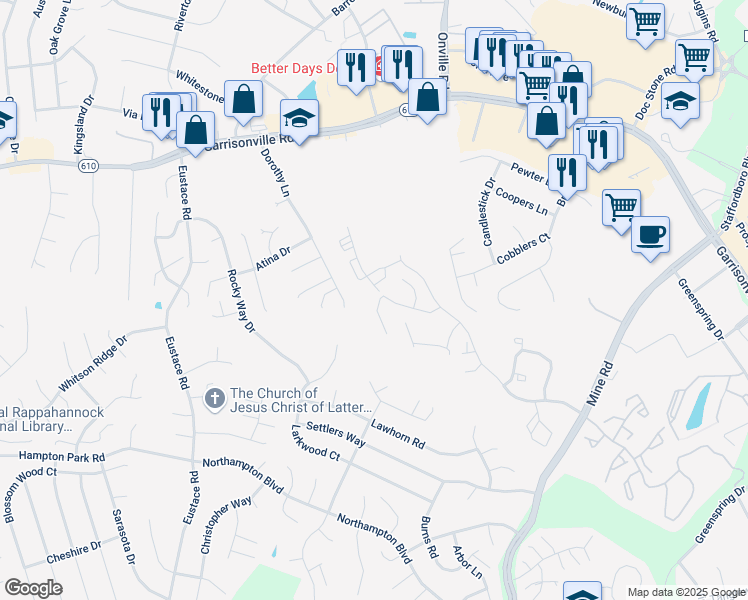 map of restaurants, bars, coffee shops, grocery stores, and more near 106 Merrill Court in Stafford