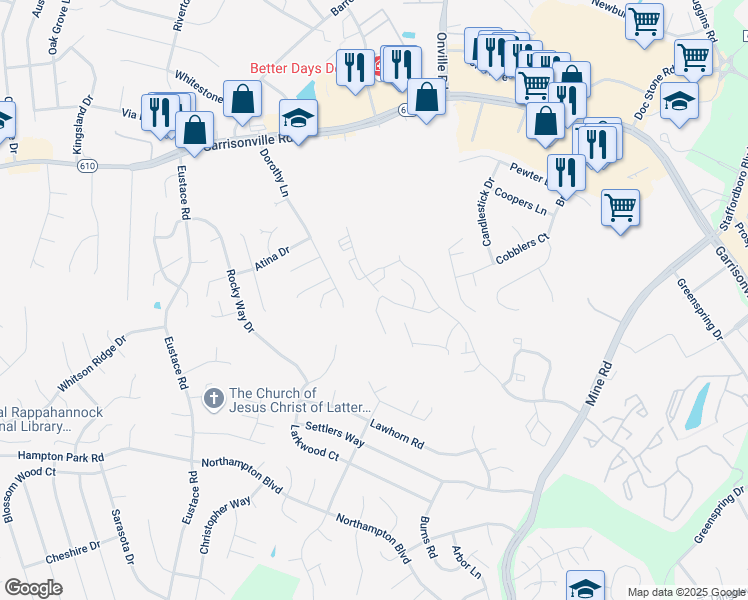map of restaurants, bars, coffee shops, grocery stores, and more near 106 Merrill Court in Stafford