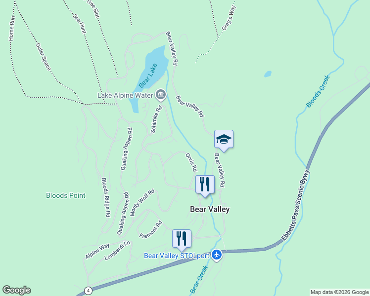 map of restaurants, bars, coffee shops, grocery stores, and more near 183 Orvis Road in Bear Valley
