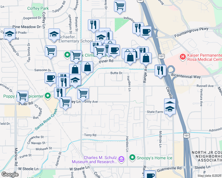map of restaurants, bars, coffee shops, grocery stores, and more near 1433 Russell Avenue in Santa Rosa