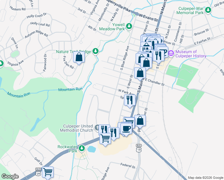 map of restaurants, bars, coffee shops, grocery stores, and more near 303 West Park Avenue in Culpeper