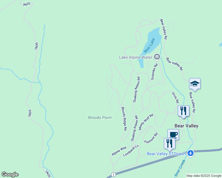 map of restaurants, bars, coffee shops, grocery stores, and more near 21 Avalanche Road in Bear Valley