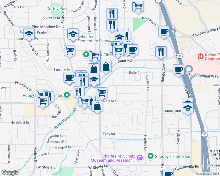 map of restaurants, bars, coffee shops, grocery stores, and more near 1900 Russell Ave in Santa Rosa