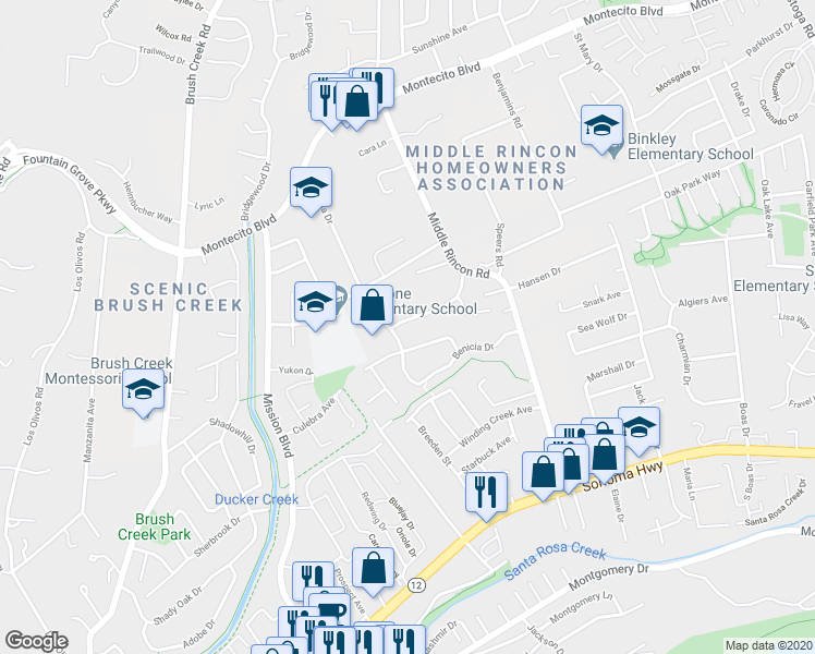 map of restaurants, bars, coffee shops, grocery stores, and more near 4710 Granada Drive in Santa Rosa
