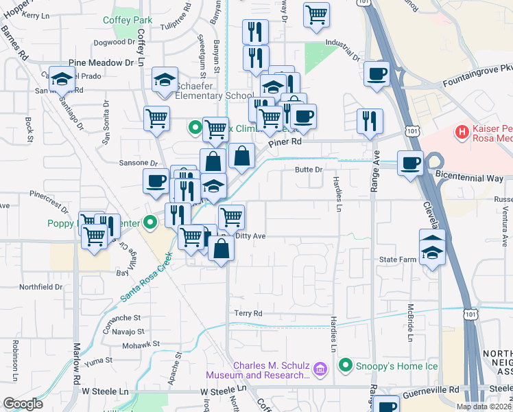 map of restaurants, bars, coffee shops, grocery stores, and more near 1900 Russell Avenue in Santa Rosa