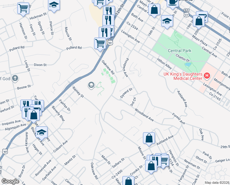 map of restaurants, bars, coffee shops, grocery stores, and more near 1161 2nd Circle in Ashland