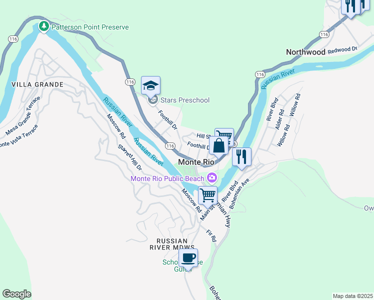 map of restaurants, bars, coffee shops, grocery stores, and more near 19110 C Street in Monte Rio