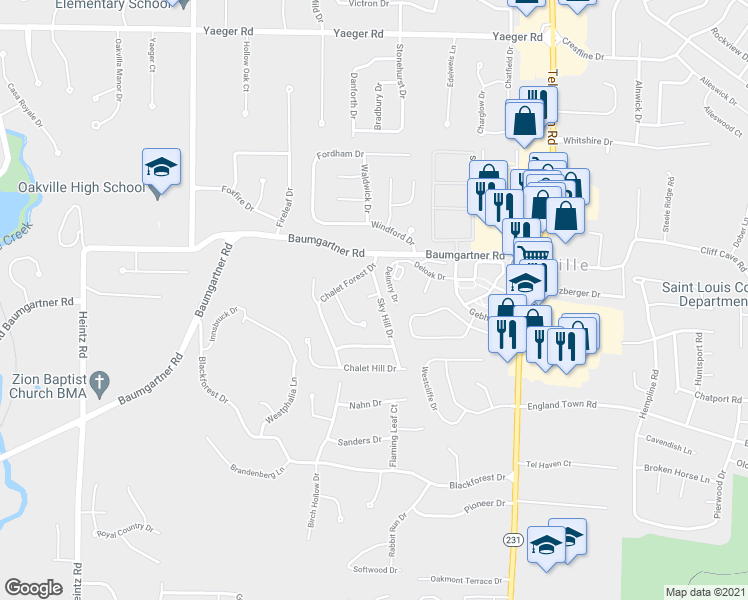 map of restaurants, bars, coffee shops, grocery stores, and more near 2712 Sky Hill Court in St. Louis