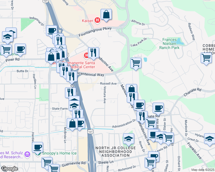 map of restaurants, bars, coffee shops, grocery stores, and more near 450 Russell Avenue in Santa Rosa