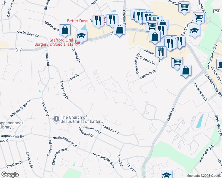 map of restaurants, bars, coffee shops, grocery stores, and more near 401 Independence Drive in Stafford