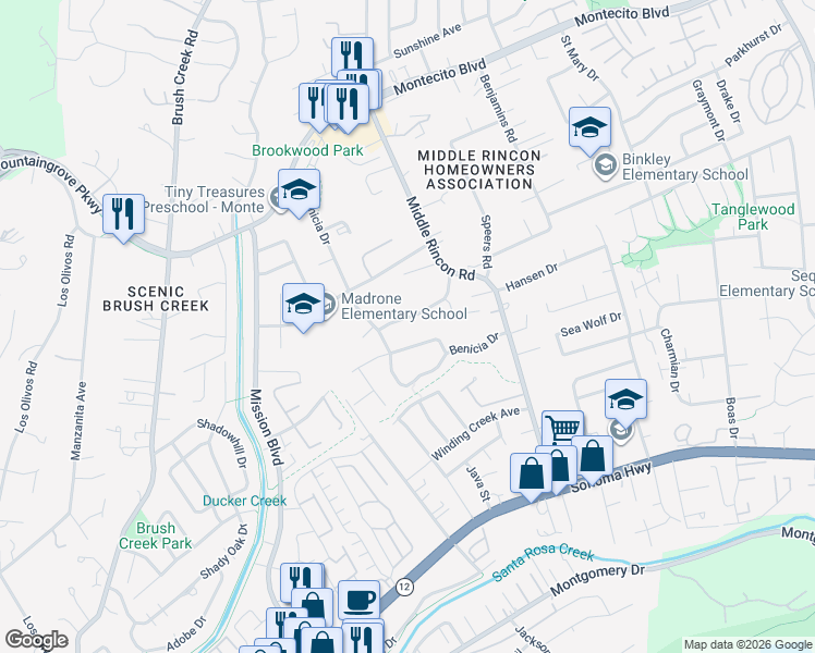 map of restaurants, bars, coffee shops, grocery stores, and more near 4710 Granada Drive in Santa Rosa