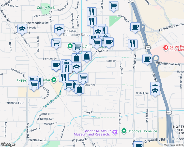 map of restaurants, bars, coffee shops, grocery stores, and more near 1900 Russell Avenue in Santa Rosa
