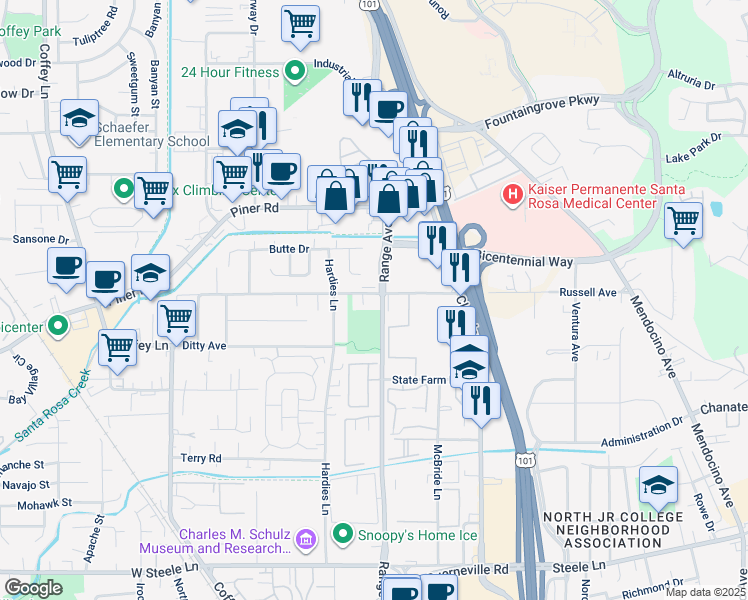 map of restaurants, bars, coffee shops, grocery stores, and more near 902 Russell Avenue in Santa Rosa